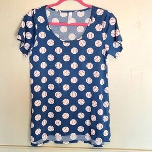 LuLaRoe Top Women's Size M Blue White Baseball Irma Short Sleeves Scoop Neck EUC